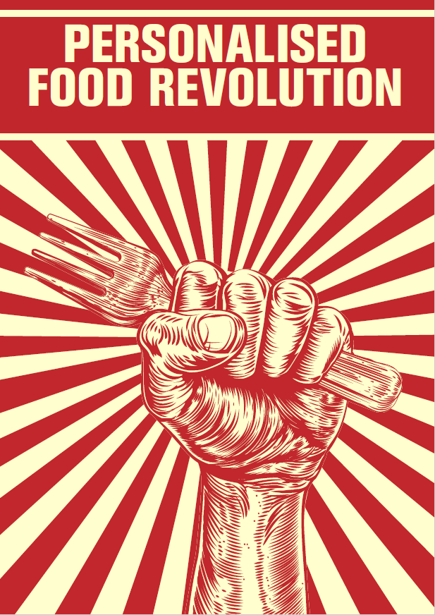Graphic for personalised food revolution, a fist held high holding a fork. (Reproduced with permission, Food Australia August.