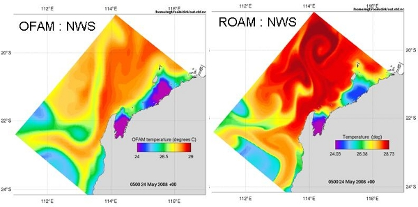 Surface temperature comparison between OFAM and ROAM on the North West Shelf of Australia.