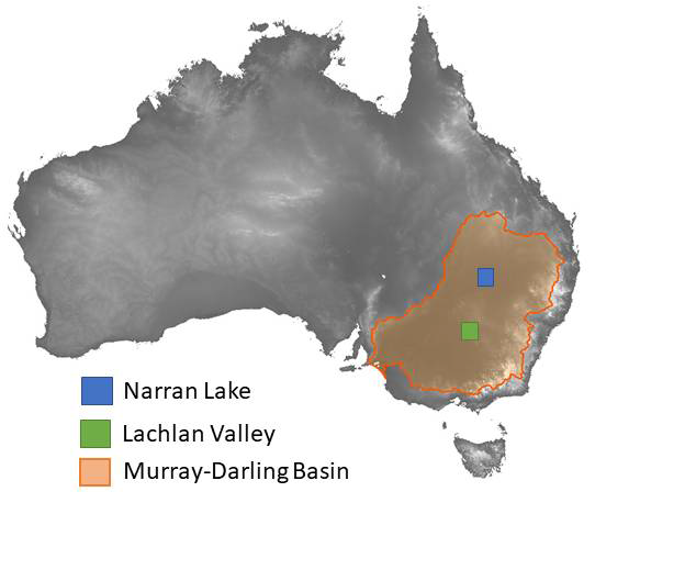 Map showing the locations of 2 flood case study sites in Southeast Australia 
