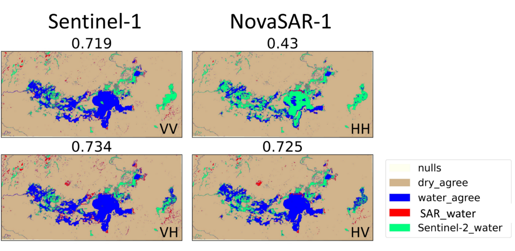 Comparison of Sentinel-1 and NovaSAR-1 flood maps to Sentinel-
2 flood maps. F1-scores are shown above each comparison