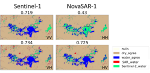 Comparison of Sentinel-1 and NovaSAR-1 flood maps to Sentinel- 2 flood maps. F1-scores are shown above each comparison
