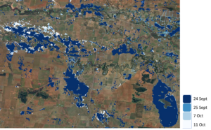 Sentinel-1 and NovaSAR-1 flood maps for the Lachlan Valley study site. Different colours represent a different date. The flood maps are overlaid on a Google Maps background.