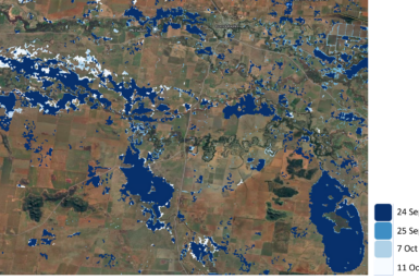 Sentinel-1 and NovaSAR-1 flood maps for the Lachlan Valley study site. Different colours represent a different date. The flood maps are overlaid on a Google Maps background.