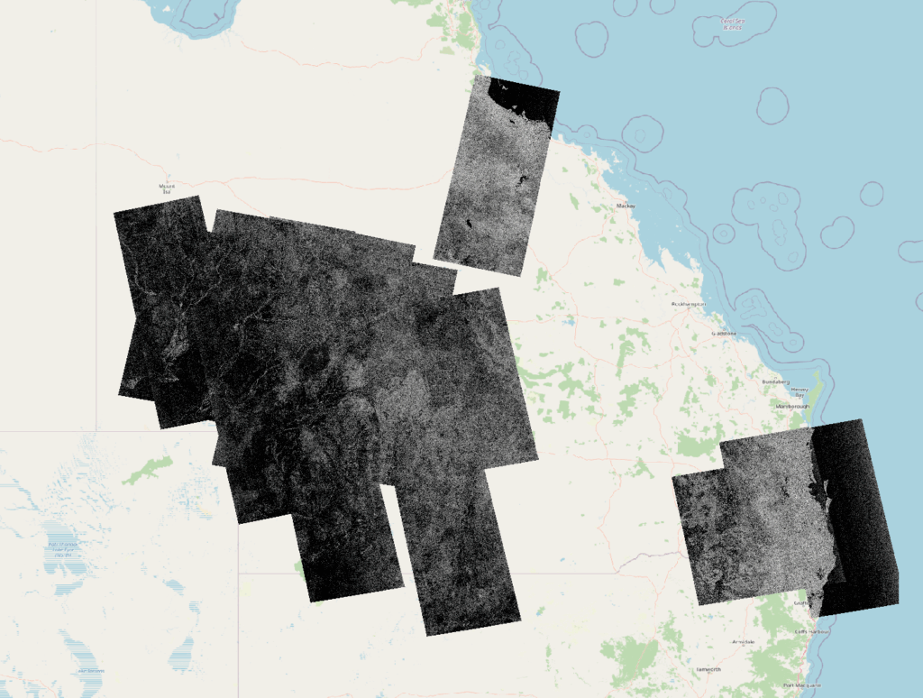 NovaSAR-1 images over flooded regions in 2025 overlaid on a map of Australia