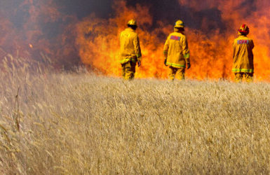 Spark logo on firemen standing in front of a grass fire.
