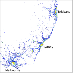 Spatial tweet distribution of medium distance movers (10-100km) within Australia's south-east corner.