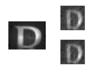 Figure 2: Left: Image from our single-pixel camera, with one DMD mirror flipped at a time Right: The same object, using compressive sensing. A series of random masks are are written onto the DMD, spanning only 23% of the image space. 