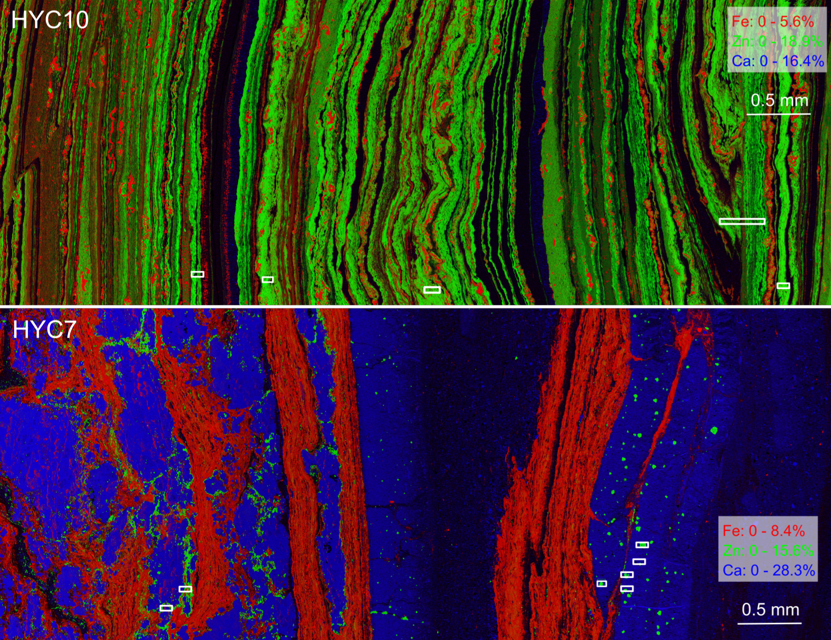 Synchrotron X-ray-fluorescence image of sections of Zn ores from the HYC Zn-Pb deposit, Australia