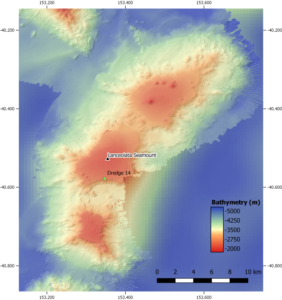 a colourful map of underwater terrain with coloured sections indicating seamount levels