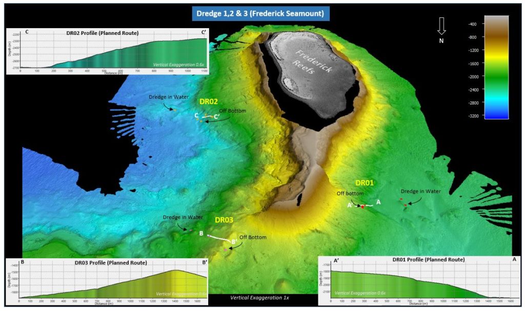 An example of the bathymetry data that Dr Lucieer uses in her work. This image shows the first seamount that was sampled on this voyage along with the positions of three dredge sites. Credit Phil Vandenbossche/CSIRO and Dr Robin Beaman/James Cook University.