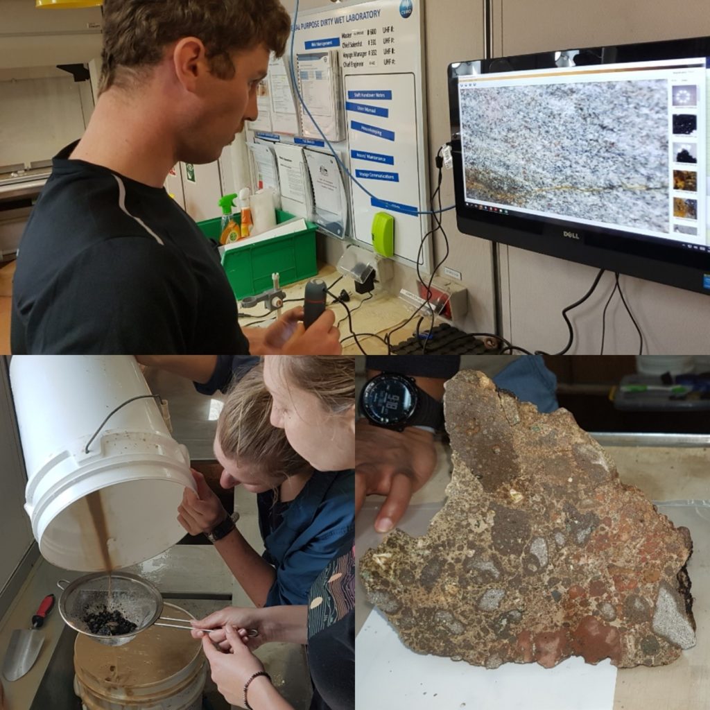 A collage of photos showing a student researcher looking at a rock sample, student researchers sieving a sediment sample and a sample of a heavily altered polymictic feldspar phyric clast bearing breccia
