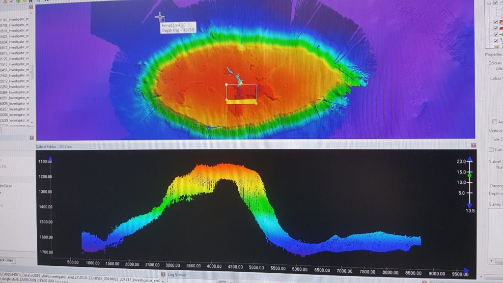 Birds eye and profile views of the Lexi seamount.