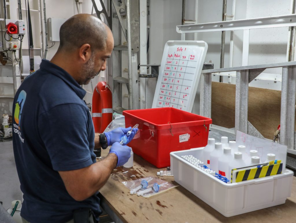 Dr Dirk Erler preparing water samples from the recent CTD deployment.