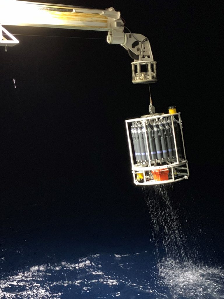Caption: CTD being winched up onto the RV Investigator. Image: Greta Creed