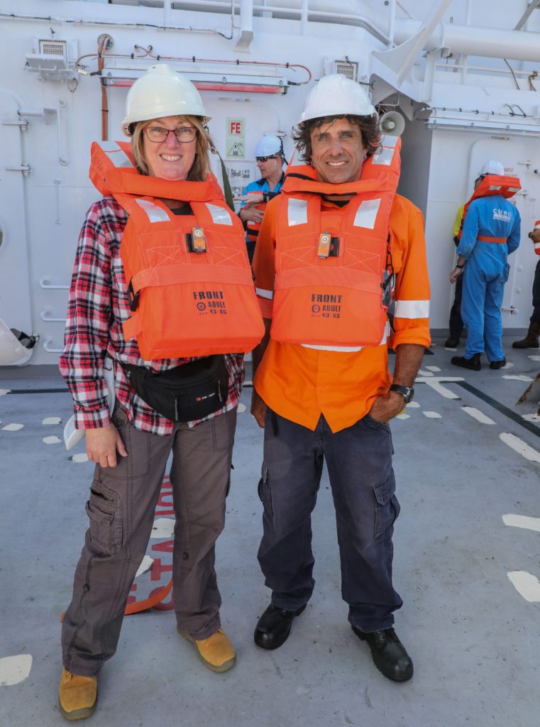Greta Creed and Chris La Rosa muster for a safety drill on board.