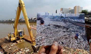 image of plastic being held up in front of real life trash