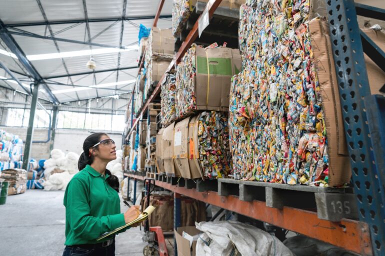 woman with clipboard looks up at pallets of packed plastics on a shelf