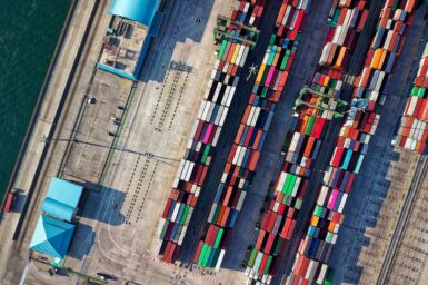 aerial view of port and containers