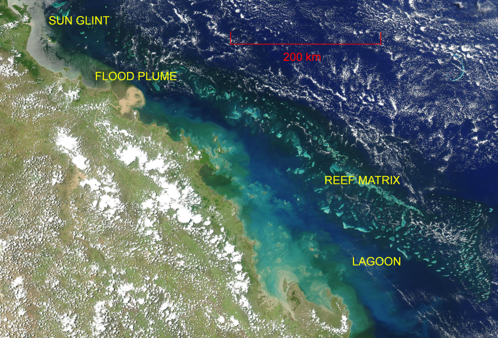 True colour satellite image of part of the GBR, showing features visible from space.