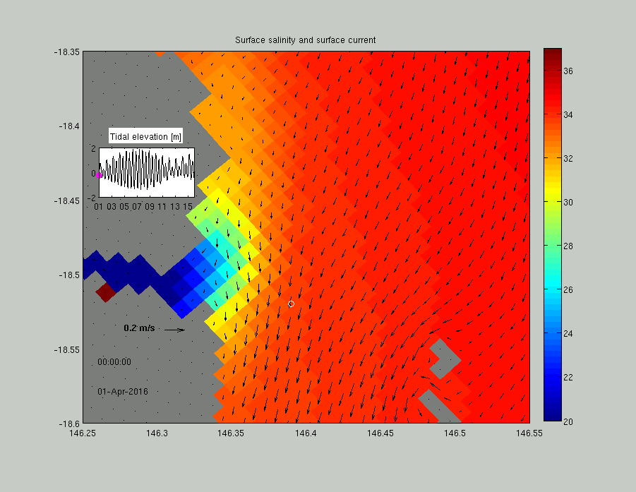 1 km resolution eReefs hydrodynamic model showing the surface currents in the vicinity of LJCO site