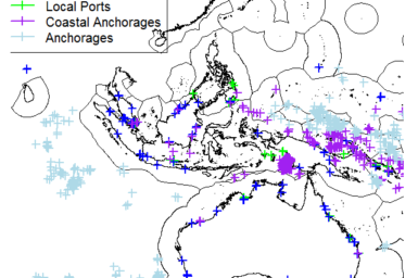 Map with indicators showing major world ports, local ports and anchorages.
