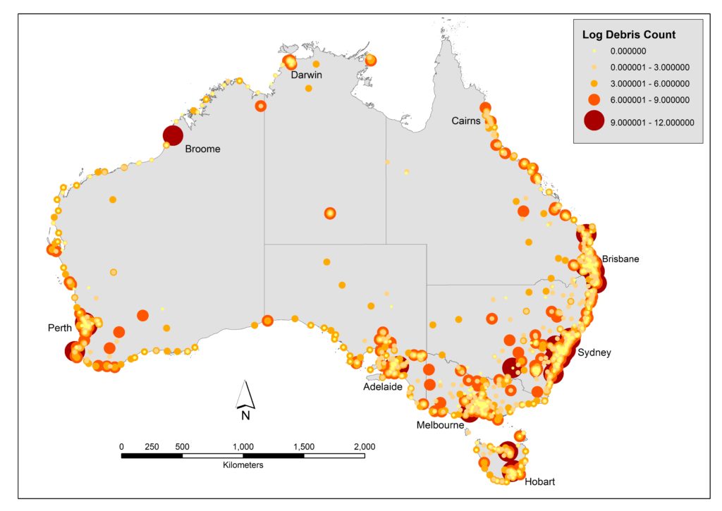 Map of debris hotspots based on all survey data from CSIRO, CUA and KAB. Note higher debris loads in urban cities around Australia’s coastline. Data are reported as the log base 10 of the total amount of debris per 1000m2.
