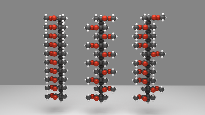 Isotactic (left), syndiotactic (center) and atactic (right) configurations.