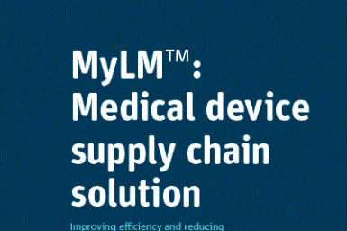 Blue, branded front cover of Z fold flyer. Says: MyLM: Medical device supply chain solution. Improving efficiency and reducing supply chain costs through an innovative, cloud-based platform
