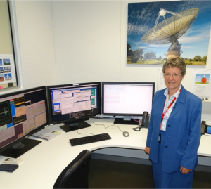 Dame Jocelyn Bell Burnell in the Parkes control desk at the Science Operations Centre at Space and Astronomy headquarters, Marsfield, Sydney.