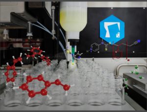 3D molecules floating around vials inside synthesis robot