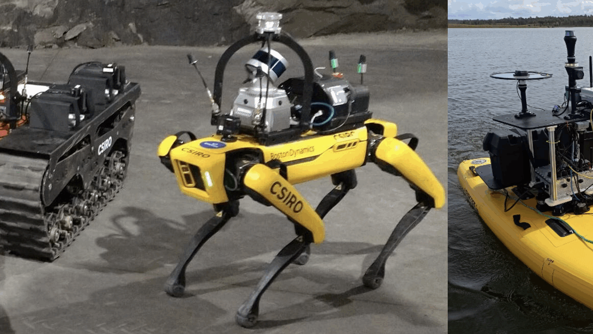 Tracked, legged and water surface vehicle, with sensor packs.