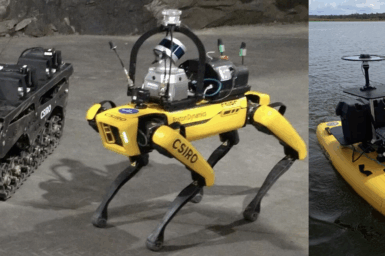 Tracked, legged and water surface vehicle, with sensor packs.