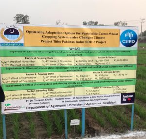 Banner at the field site where investigations are exploring sustainable production options in a changing climate