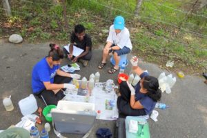 A group of people conducting water quality analysis