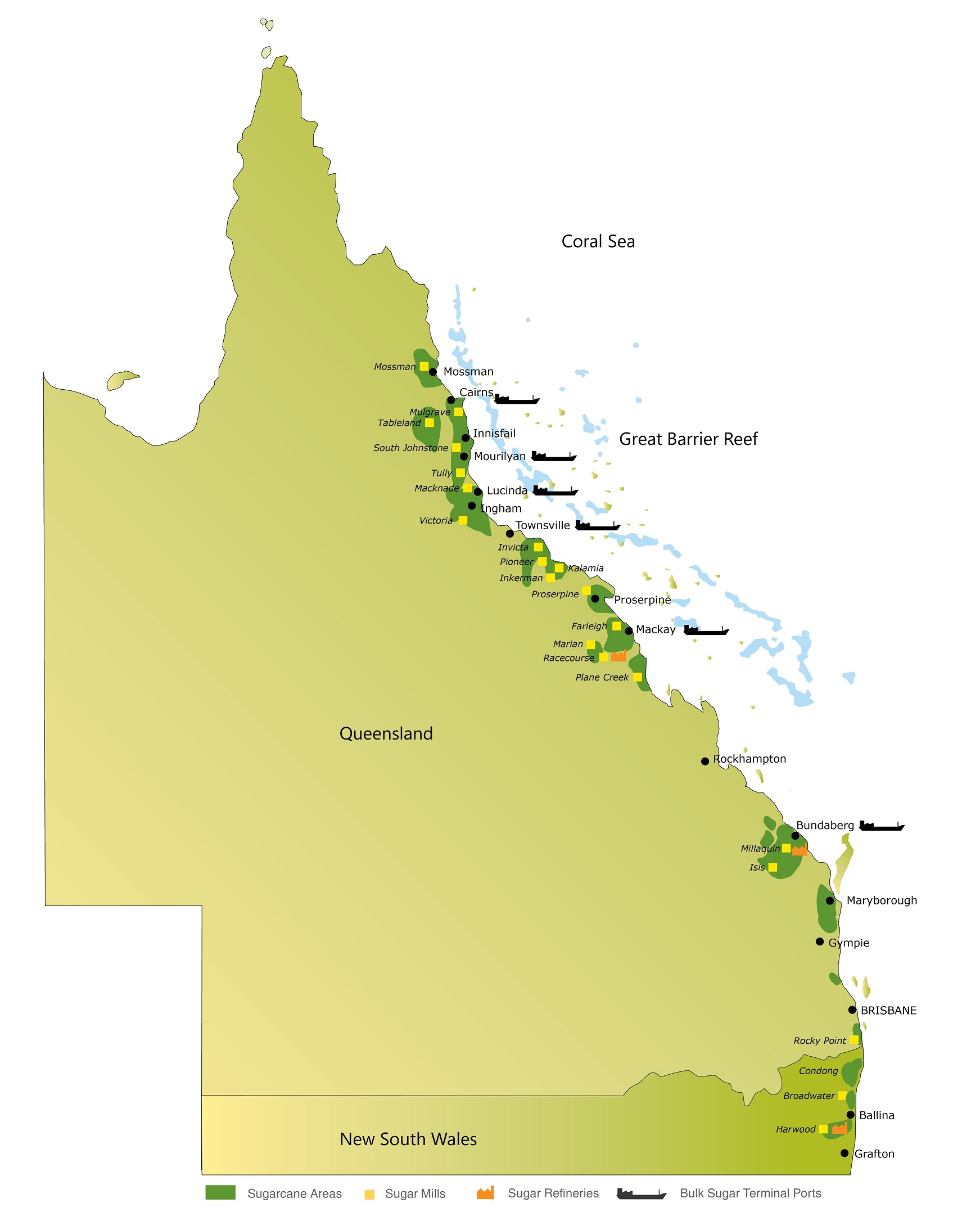Sugarcane is grown along a 2,000 km stretch of Australia’s east coast by approximately 4,300 farmers. There are a number of associated operations in the supply chain including mills, refineries and export terminals. Source: CANEGROWERS Australia.