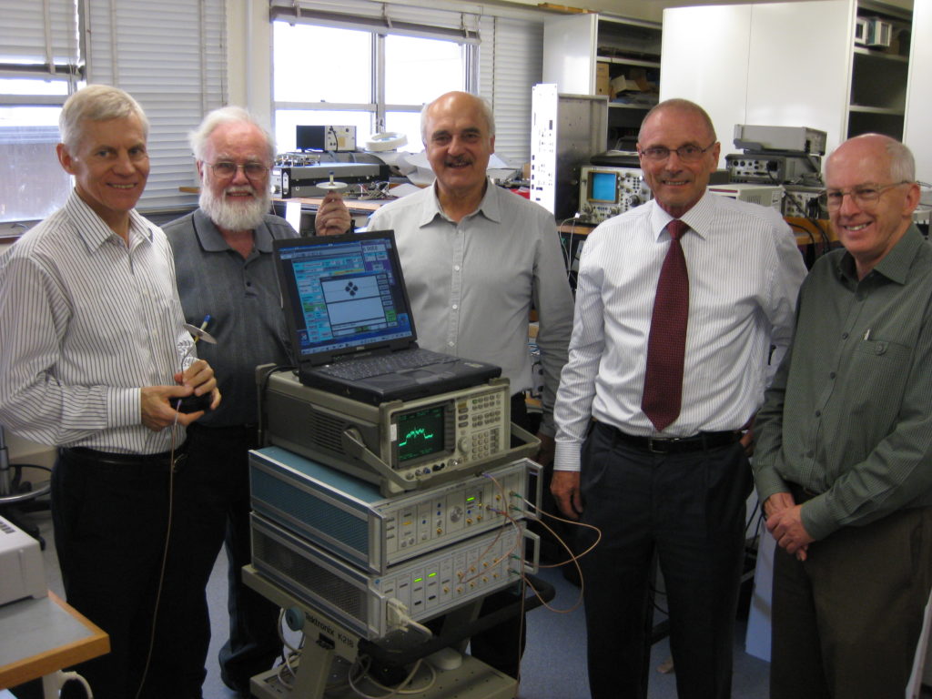 CSIRO's WLAN team with the WLAN testbed, May 2012. From left, Terry Percival, John Deane, Diet Ostry, Graham Daniels and John O'Sullivan.