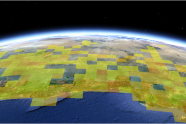 Satellite view of Australia, edge on from the south, with an overlay