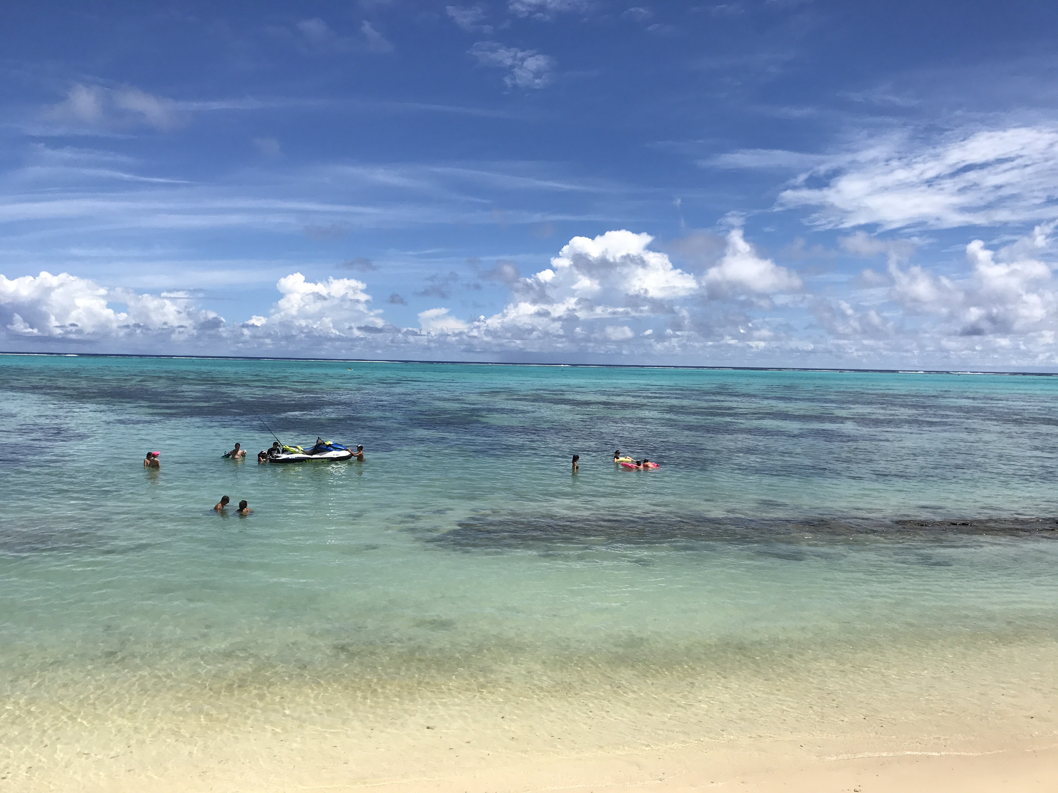 people in the water off a beach