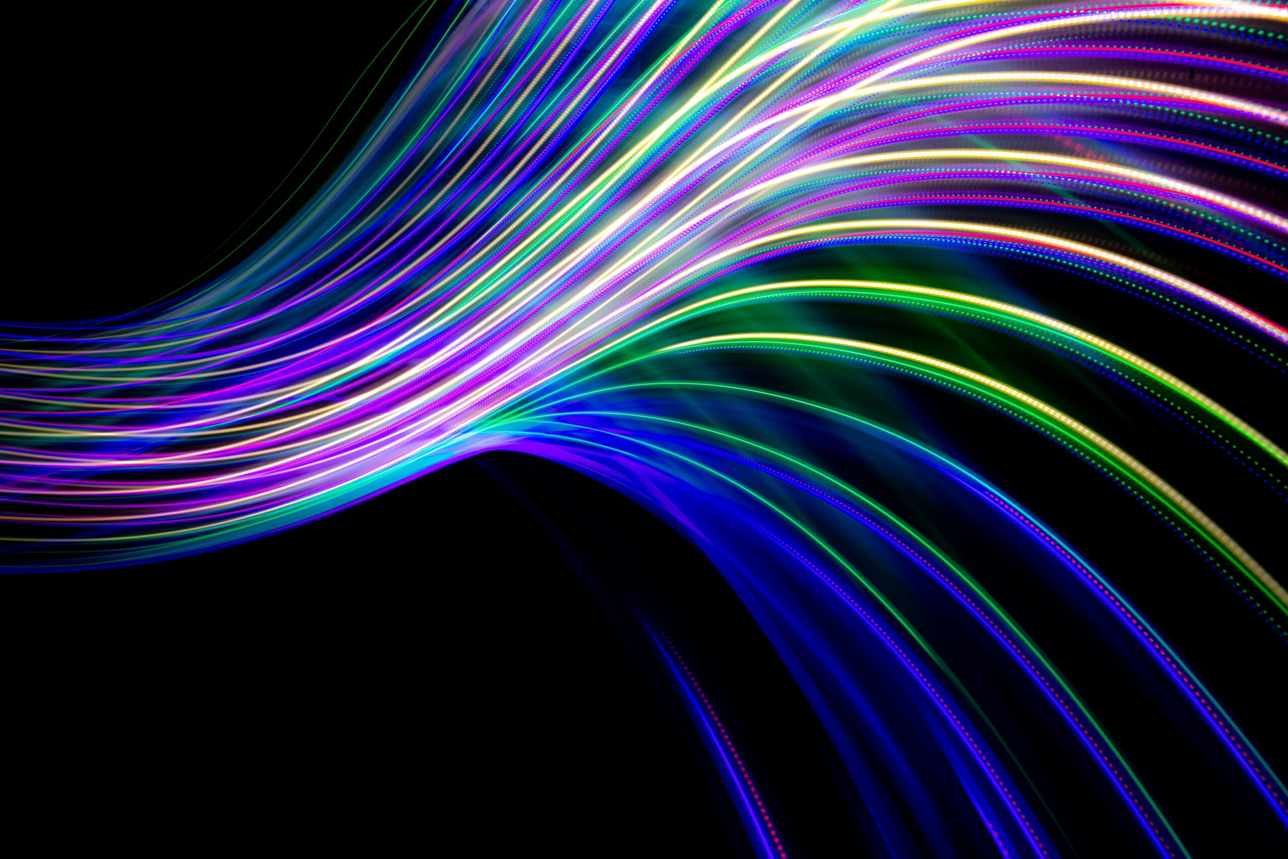 Colourful laser-link curvy lines on a black background