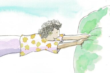 Illustration of woman hold green clouds