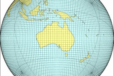 A picture of the globe with grid lines, centred on Australia