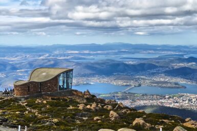 The summit of kunanyi/Mount Wellington, looking down across Hobart, Tasmania, Australia.