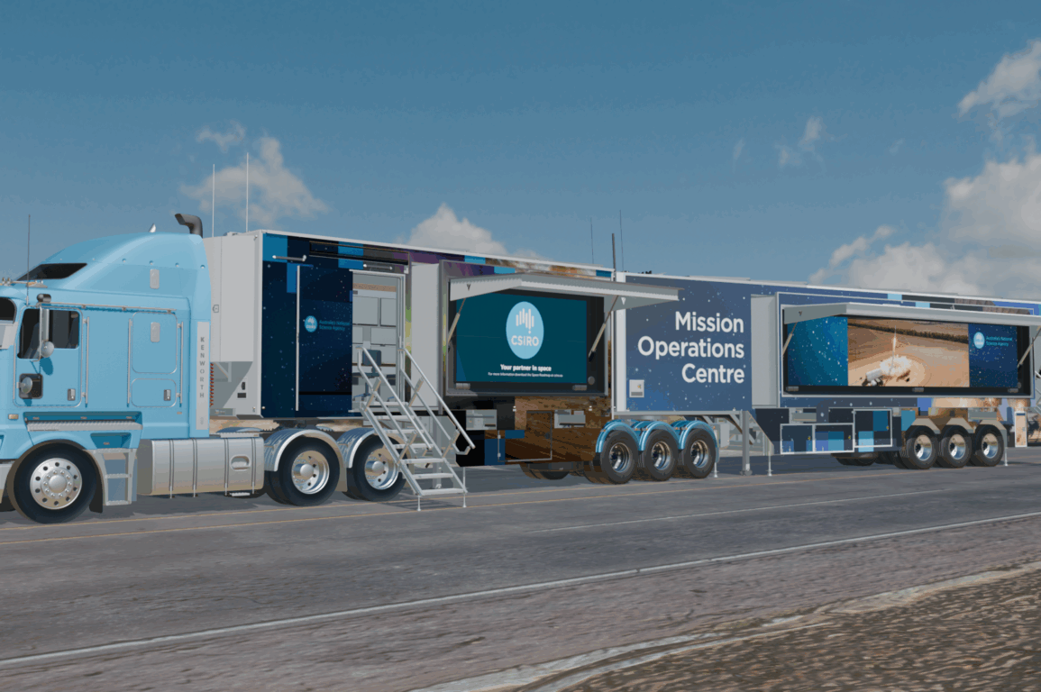 Artist impression of CSIRO Mobile Mission Operations Centre out in the field drawn as a B-Double trailer with branding banners on the side and sections opening out to allow access to compartments.